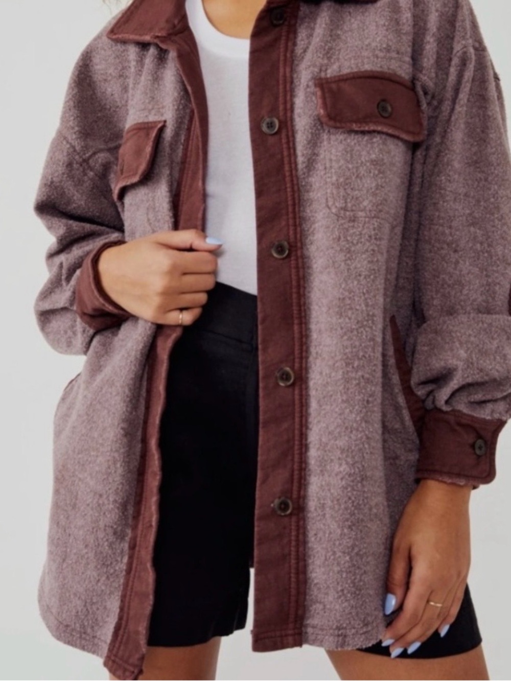 Free People Two-Tone Teddy Shacket in Mauve and Chocolate Brown